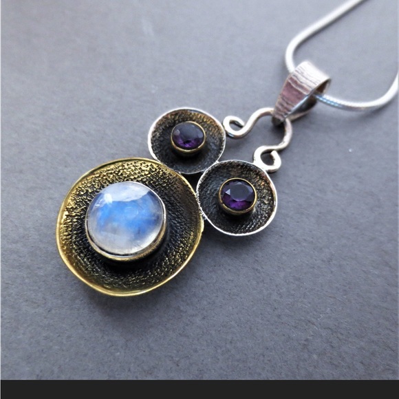 Rainbow Moonstone Amethyst Gemstone Sterling Pendant Necklace - Picture 4 of 7